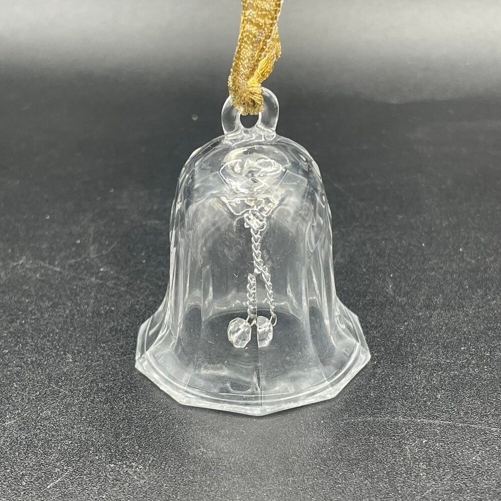 Vintage Clear Faceted Glass Crystal Christmas Bell Ornament Gold Hanging Ribbon